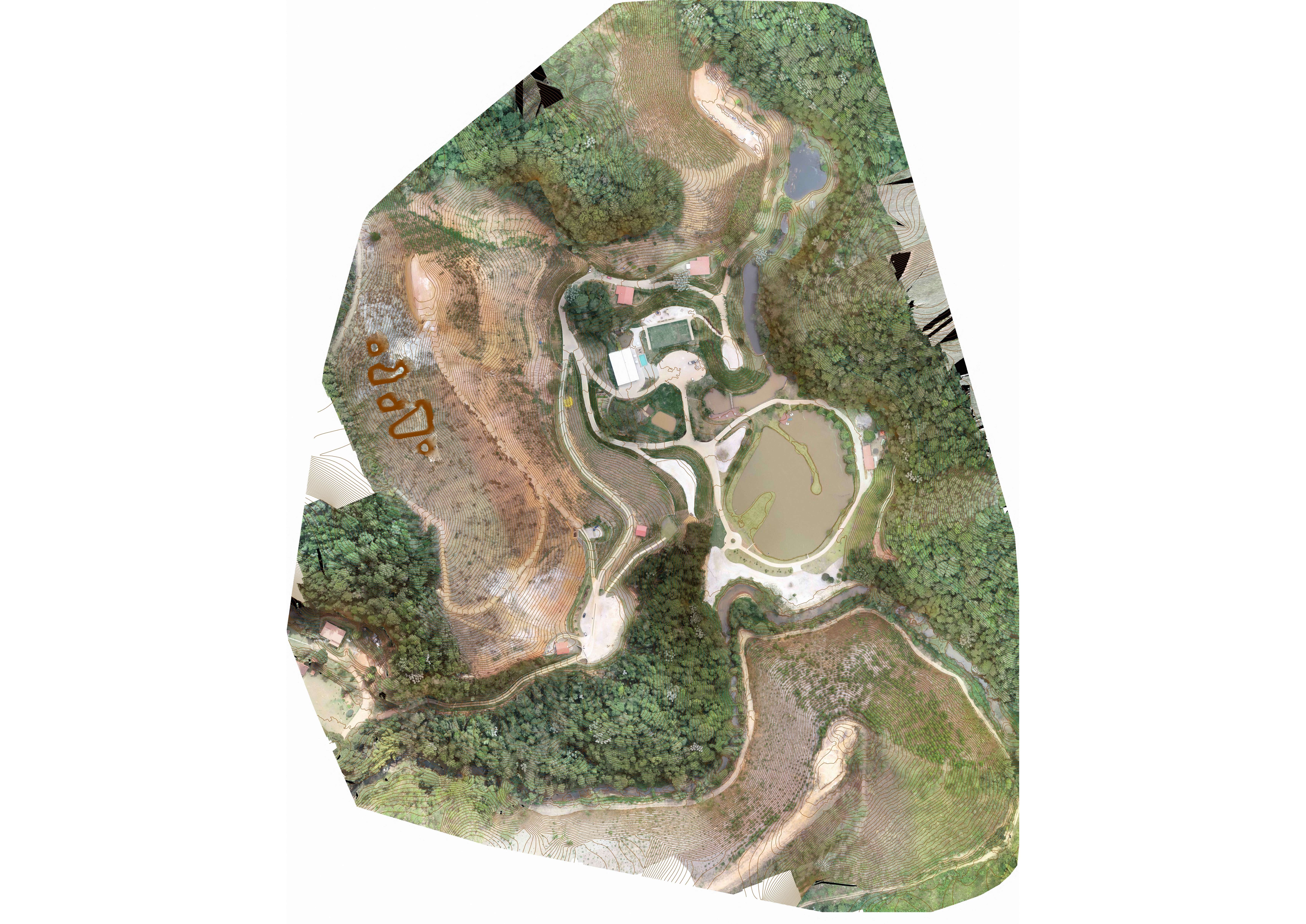 Levantamento topográfico aéreo com curvas de nível detalhadas mostrando terreno, vegetação e estruturas